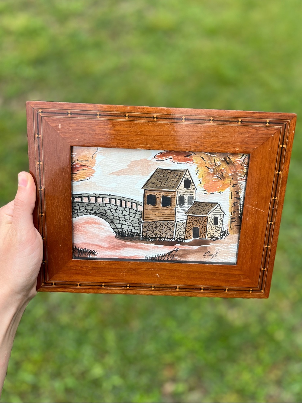 ☾ Handcrafted watercolor house + bridge + water painting w/ vintage wood frame